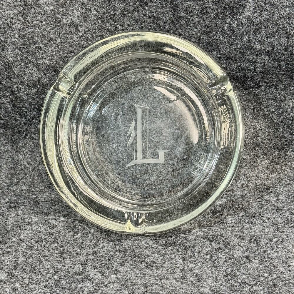 VTG Solid Thick Clear Glass Round Cigarette Ashtray Monogram Initial ‘L’ Etched